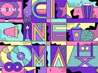 World Cinema Day art direction art print behance project camera cinema design graphic design illustration line work lineart movie pattern popcorn print society6