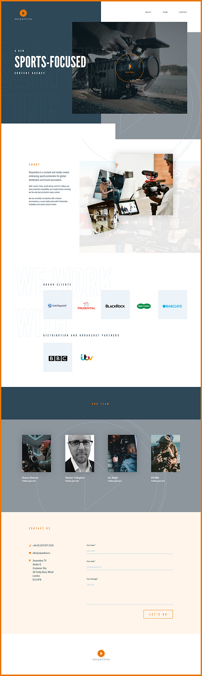 Homepage for a new content agency homepage masculine fonts one page website orange sports content agency video