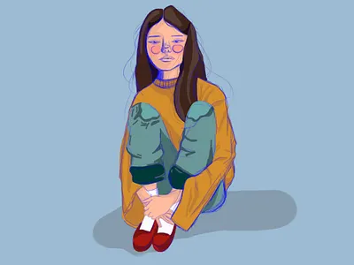 Girl Illustration art blue colors design fall girl illustration jeans outline shoes sitting socks sweater yellow