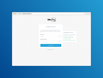 SlimPay Dashboard - Create account account account creation app b2b blue dashboard fintech sign up signup ui ux