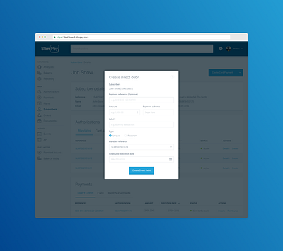 SlimPay Dashboard - Create direct debit app b2b blue dashboard direct debit fintech modal overlay payment sepa ui ux