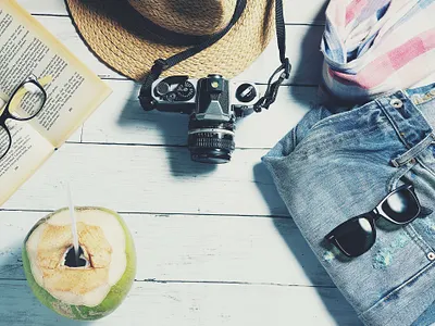 Holiday planning set with camera background backpacker day design destination female girl graphic happy holiday isolated landscape map mountain nature set summer traveller travelling trekking