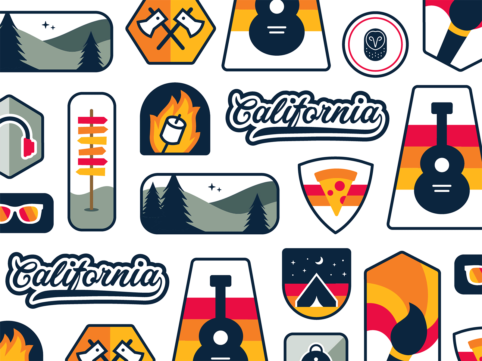 Patches for Campsara badge brand branding camping clean color company design guitar illustration logo pizza retreat sko smores