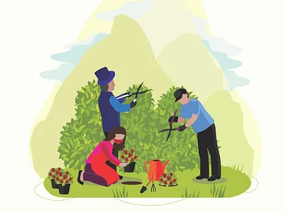 Gardner cut some flower on the garden adult agriculture art background boy cartoon cultivation design environment equipment farm farmer flat flower garden gardener gardening gardner grass green