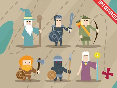 RPG character set vector Illustration berserker character defence fairy fantasy flat game hero knight mage magic magician ranger role roleplaying rpg set warrior weapon wizard