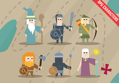 RPG character set vector Illustration berserker character defence fairy fantasy flat game hero knight mage magic magician ranger role roleplaying rpg set warrior weapon wizard