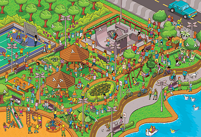 Weekend at the Park for Moderna's Children Book advertising cities detail editorial infographic isometric isometric art landscape map park pixel art seek and find seek and find sports weekend where is waldo where is wally