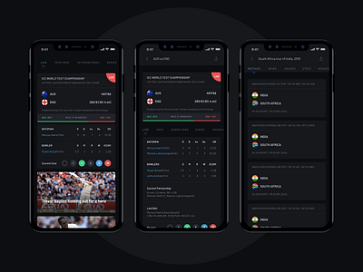 Cricket App | Dark Theme app black cricket cricket app dark theme dark ui design ios live match live update news sports sports app sports design ui ux