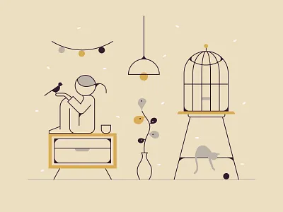 Saturday Afternoon at Home bird cage cat home illustration interior room