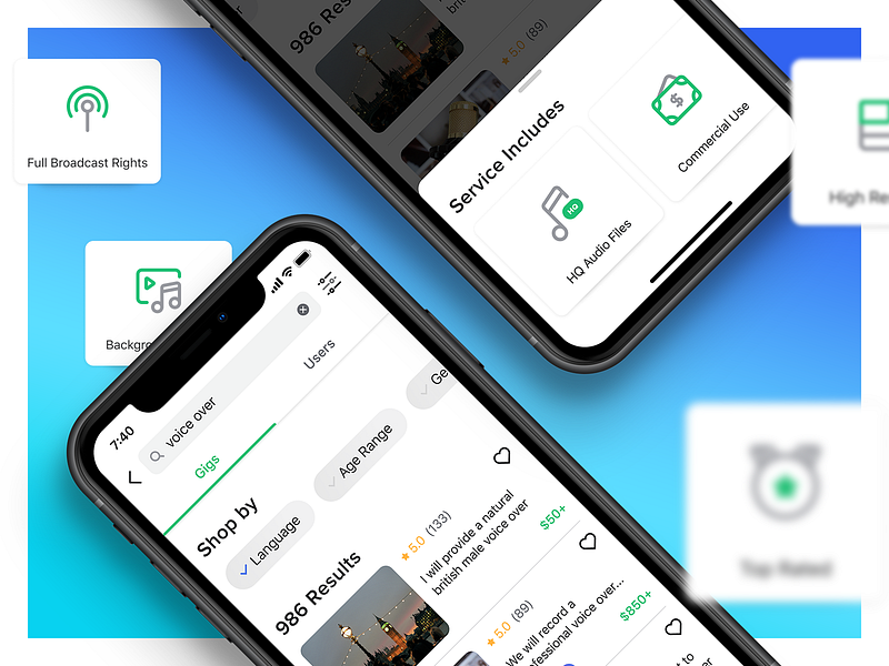 Search results & Top filters app cards filter fiverr flow gig icons ios mobile results search search engine search results searching top filter ui