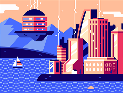 Server-Powered Development city computer flat illustration lake ocean server vector water