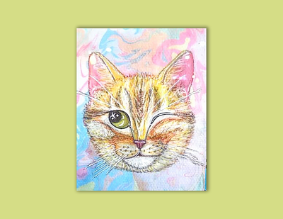 Gus animals cat design drawing illustration marbling painting pet portrait psychedelic watercolor