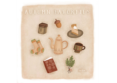 Autumn favorites autumn beige book branch brown coffee cup cute fall green hazelnut herbs illustration leaves nature orange pie socks tea teapot warm colors