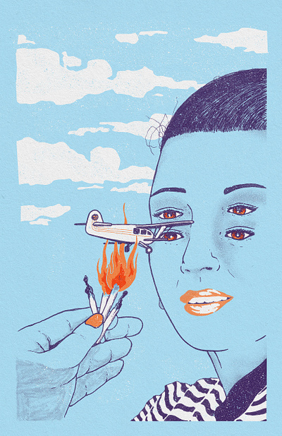 Airplane airplane drawing face fire flames four eyes halftones hand illustration ink matches photoshop poster print texture woman
