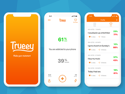 Trueey - Vote on statements anonimously anonym anonymity anonymous answers app apple design fun icon ios iphone mobile percentage questions statements statistics ui