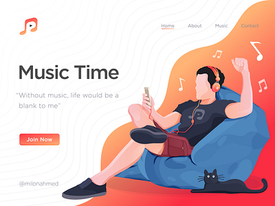 Music Time Illustration beats cat character digital illustration enjoying figure funny time gradient color happy time headphone human illustraion listening men music music player orange sofa yellow