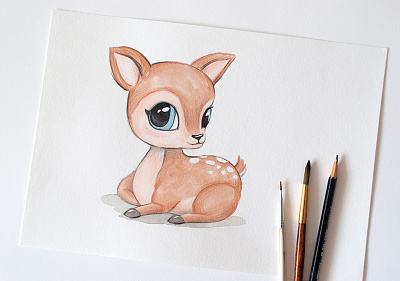 Cute deer illustration childrens illustration color pencil cute deer illustration painting roe deer watercolor