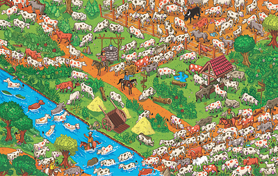 Seek and Find: Cows! for Moderna Publishing advertising cows detail farm horse infographic isometric isometric art landscape map pixel art where is waldo where is wally