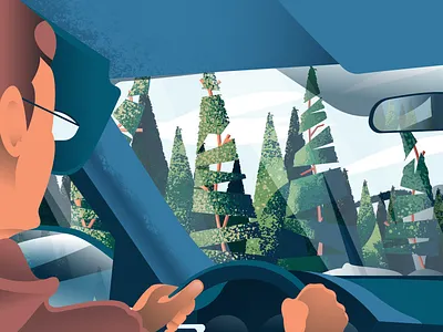 Drive through Colorado in December car illustration illustrations illustrator retro supply trees vector