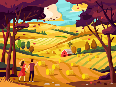 Autumn yellow sea with the fields' waves agricultural agriculture autumn barn colorful country countryside couple farm fields forest gallery illustraion landscape people romantic vector