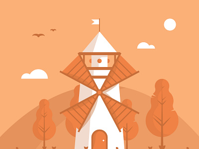 Windmill Scene birds colour dribbble flat hills illustration illustrator scene scenery shot sky sun trees vector wind windmill windmills woods