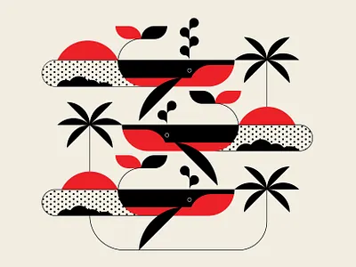 Whale Away abstract art black branding geometric identity illustration palm trees red santa monica trufcreative vector whales