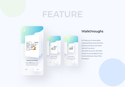 Walkthroughs - AiF (Artificial Intelligence Finance) app bank bill clean finance incentives kit modern money payment template transaction transfer ui wallet