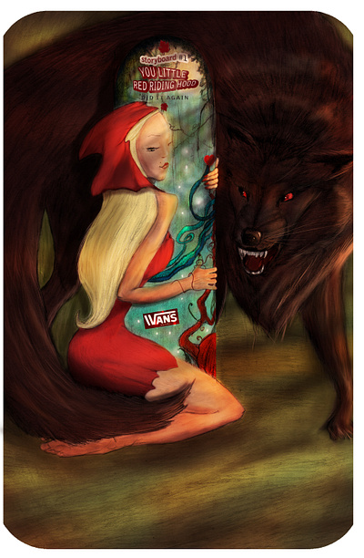 Red Riding Hood - Ivan's Version animal art bad wolf big blond design elenaivanpapadopoulou exhibition fairytale illustration love red red riding hood skate skateboard wolf