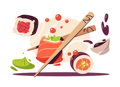 Rolls art cartoon chopsticks cuisine design flat food illustration japanese japanese food roll rolls sushi vector