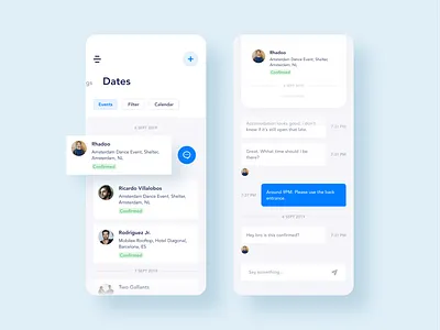 Booking Management App. Dates & Chat app artists blue booking chat design dj events manage management minimal mobile screen ui ux