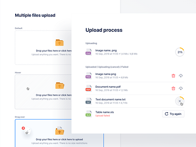 Multiple files upload clean design design system drag and drop file upload files folder grid grid layout interface layout product design progress bar ui ui kit ux