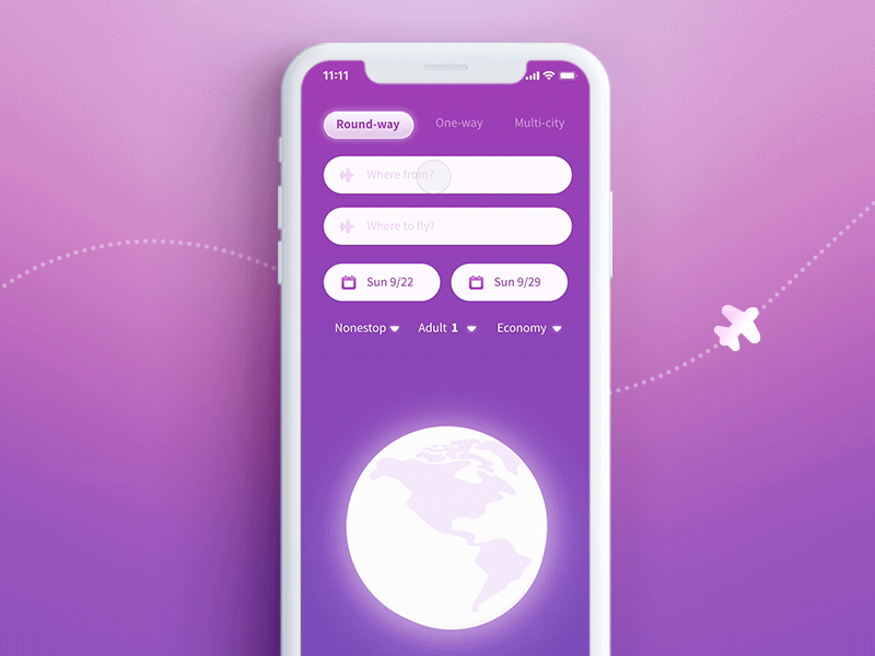 Flight App Concept animated gif animation earth flight app flight booking flight search flight ticket interaction purple