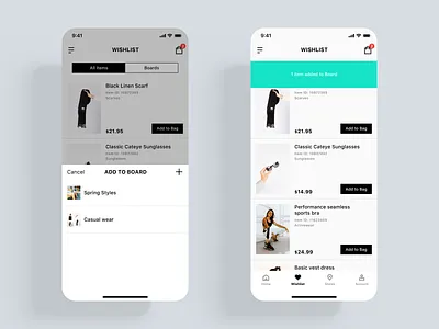 Trendy E-commerce App UI kit bag banner boards buy design dressing e commerce items kits list minmal save shopping store styles tab trendy ui ux wishlist