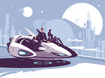 Romantic couple in levitating car resting car character city couple flat future illustration kit8 levitation man night vector woman