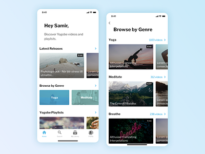 Yogobe - iOS app iterations clean ios meditation minimal mobile mobile design modern ui uidesign uiux uxdesign video library yoga