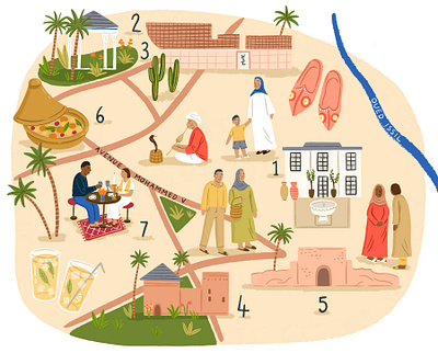 Marrakech amelia flower character digital editorial folioart food illustration map people procreate travel