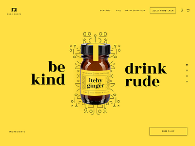 itchy ginger landingpage hero ginger gingershot hero juice labeldesign landingpage onlineshop product product design rude roots website website concept website design yellow