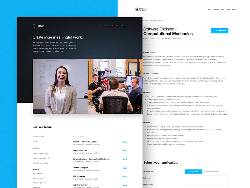 Continuous Composites Website - Careers Page careers careers page cf3d cms composites desktop employment fiber jobs manufacturing marketing materials positions web webflow website