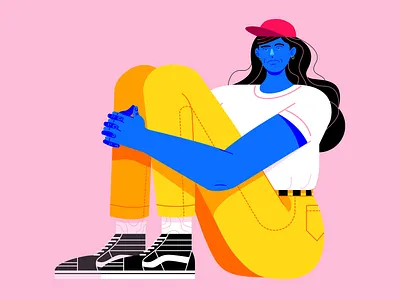 sad girl blue cap colours design freelance girl graphic illustration leg legs pink sad simple skater vans vector yellow