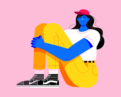 sad girl blue cap colours design freelance girl graphic illustration leg legs pink sad simple skater vans vector yellow