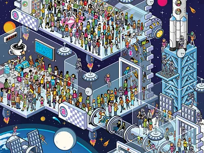Space Station - Atrevida Magazine advertising cities detail infographic isometric isometric art landscape map pixel art seek and find where is waldo where is wally