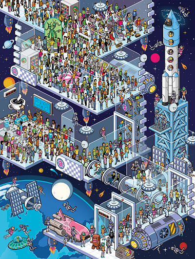 Space Station - Atrevida Magazine advertising cities detail infographic isometric isometric art landscape map pixel art seek and find where is waldo where is wally