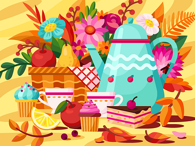 Autumn Tea party autumn bouquet of flowers cake desert flat flowers gallery game illustration painting still life team vector