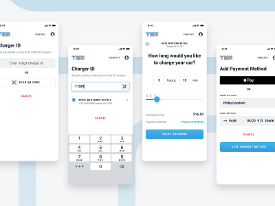 Charger → Duration → Payment app apple pay blue car charge electric electric car electric vehicle ev flow gradient ios mobile mobile app payment process roboto slider ui ux