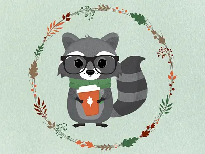Happy Fall Racoon animals autumn cute fall illustration vector