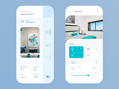 Smart Home Application ac android blue card cloud concept design grey home interior ios living room luxury mobile ui mobileapp pastel smart smartphone temperature ui