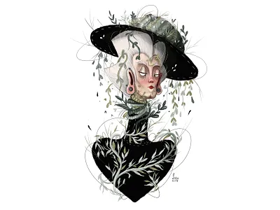Green lady art artist artwork hat illustration lady leaves old woman procreate
