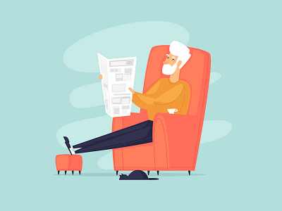 Pensioner cartoon cat character color design flat illustraion interior man newspaper old old man pensioner read relax tea vector
