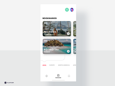 Travel App - Bookmarked app design application ui asia bookmark destination ios iphone minimal mobile mobile app design places price tag saved travel travel app traveling ui ux