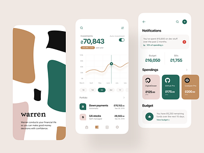 Warren: Splash, Investment, Category account management app design bank banking budget e finance finance financial services fintech investment ios ios app mobile personal banking portfolio product design savings screen spendings